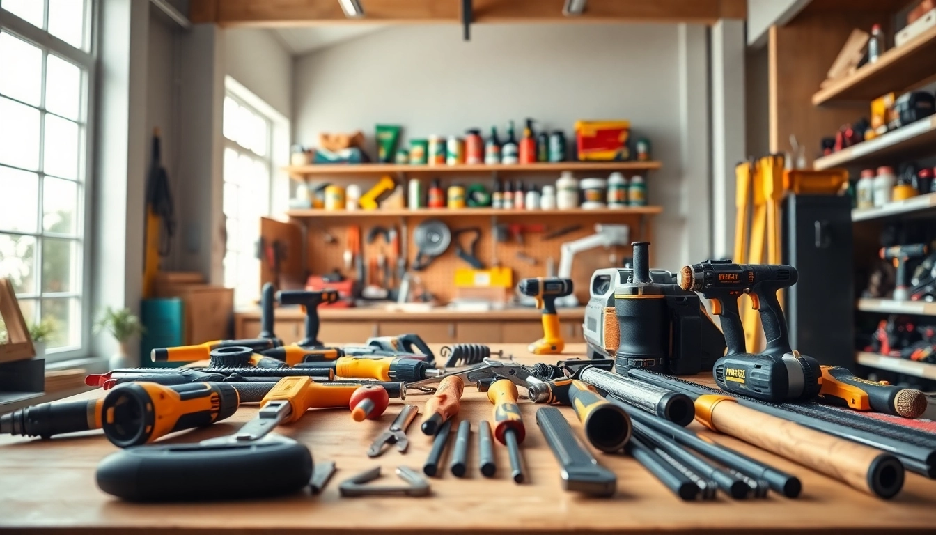 Präsentation von Heimwerkerbedarf auf https://heimwerkglobal.de/ in moderner Werkstatt mit hochwertigen Werkzeugen.