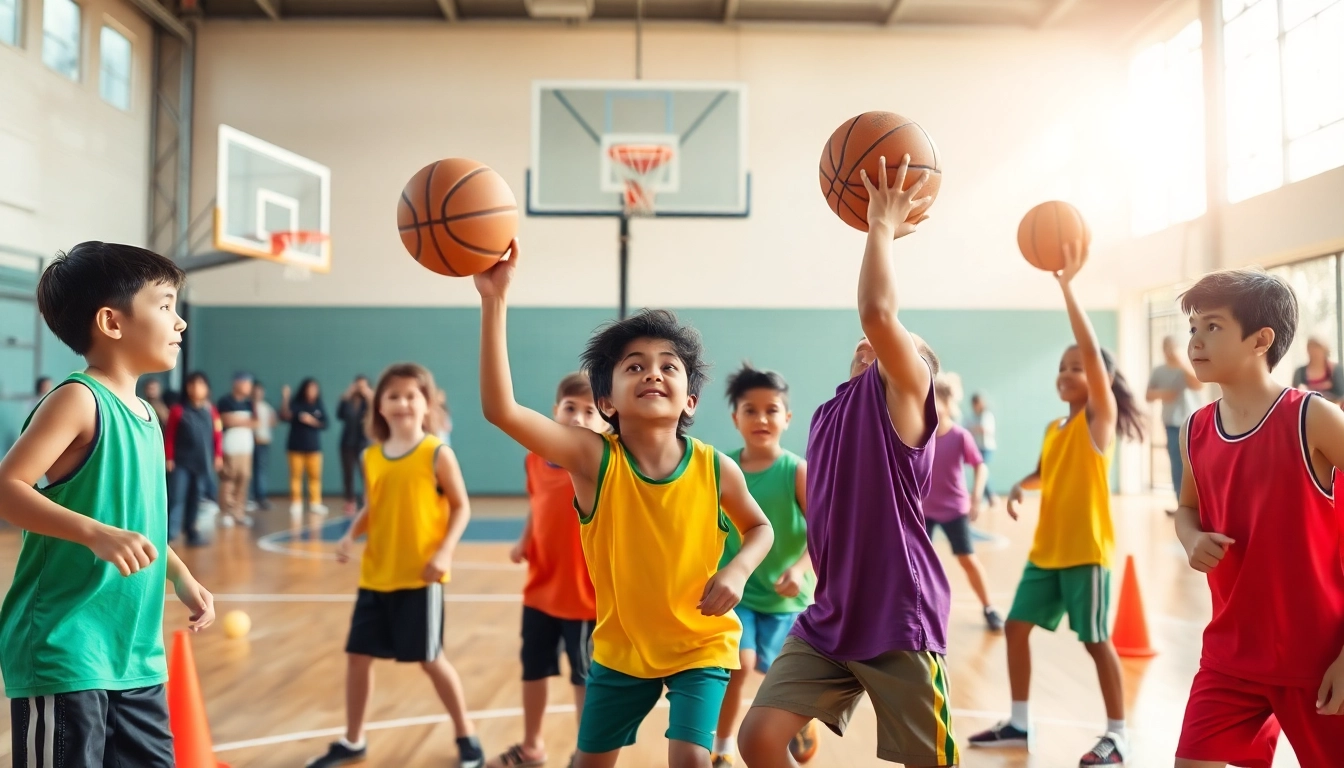 Young basketball enthusiasts practicing skills on a vibrant court, with supportive parents in the background.