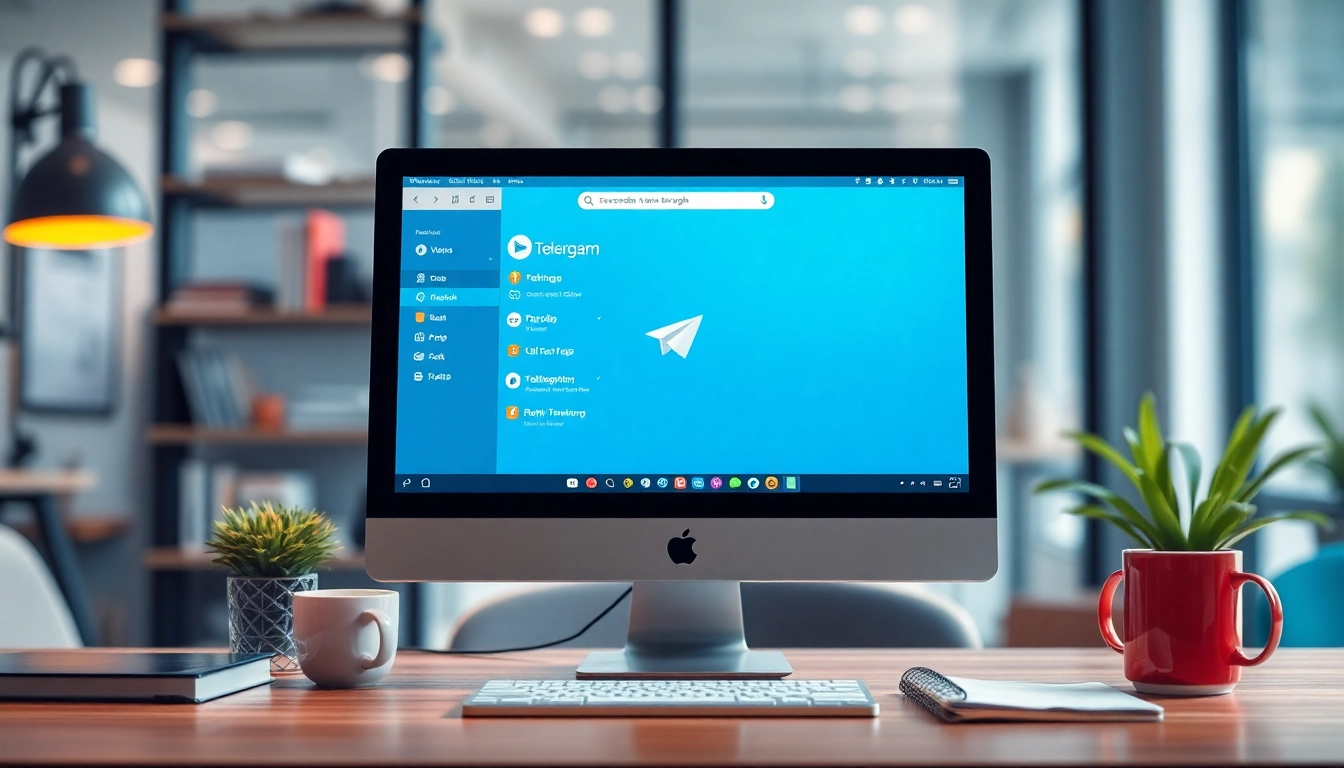 View the Telegram電腦版 interface showcased on a modern desktop setup with ambient lighting.