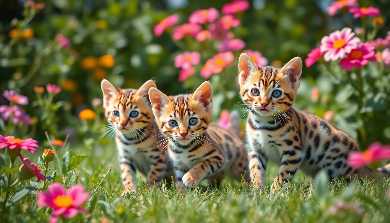 Adorable Bengal Kittens for Sale playing in a sunny garden with vibrant flowers.