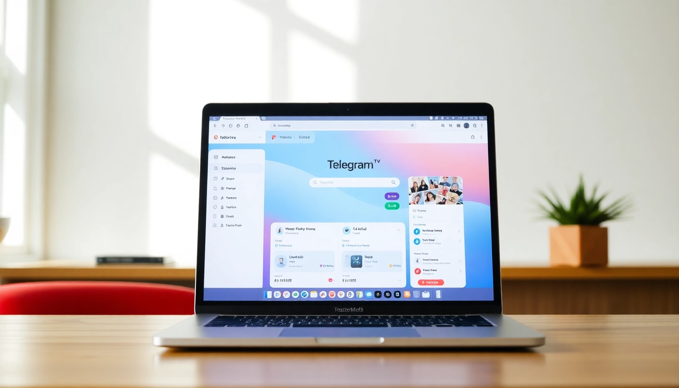 Utilize Telegram電腦版 on a sleek laptop in a modern workspace.