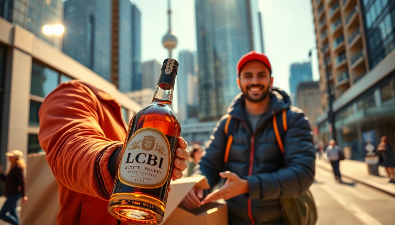 Experience convenient lcbo delivery Toronto with a smiling delivery person handing over a premium bottled drink.
