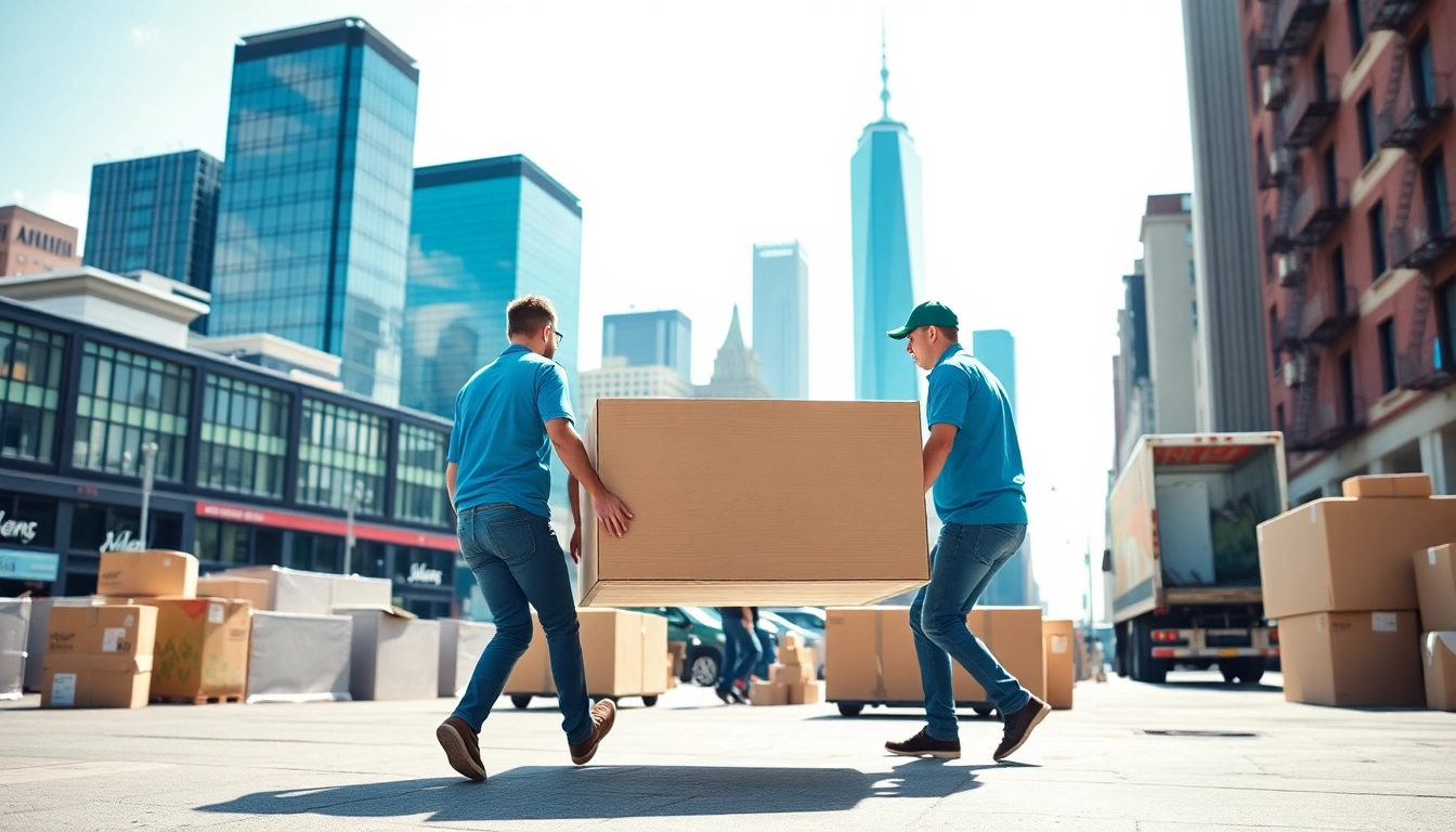 Queens movers expertly relocate furniture in a vibrant urban setting.