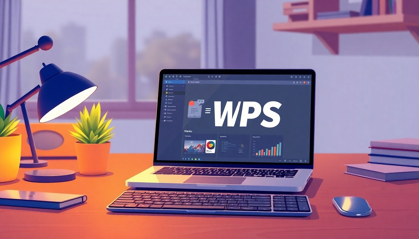 Utilize wps software on a sleek laptop set in a modern workspace filled with creative tools.