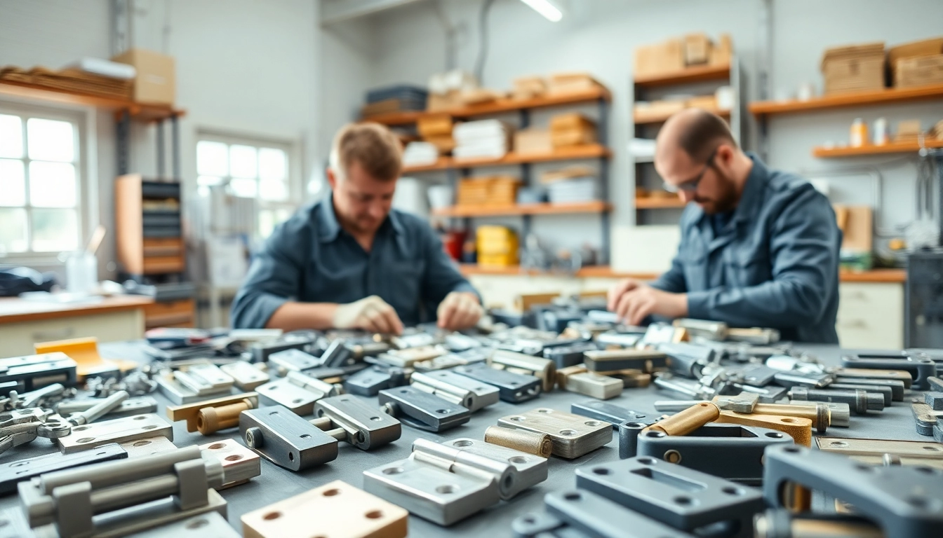Showcase of Cabinet Hinge Manufacturers' diverse products being crafted in a bright workshop.