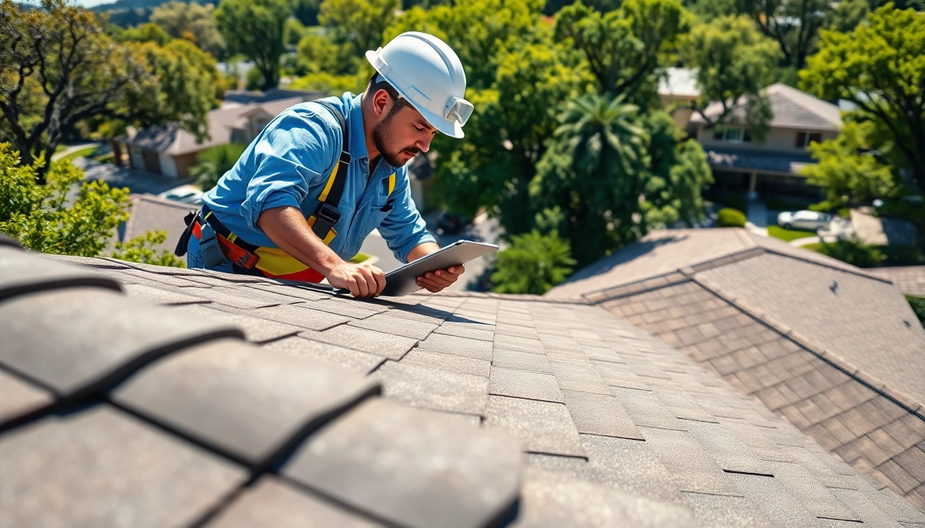 Inspecting a roof for potential issues during a roof inspection Austin service in a residential area.