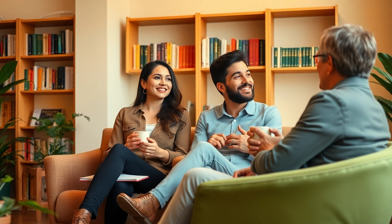 Engaged couple learning about communication in relationships with a therapist in a cozy office setting.