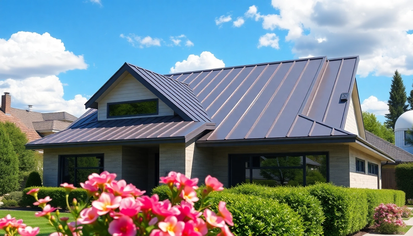 Showcasing residential metal roofing on a contemporary home surrounded by beautiful landscaping.
