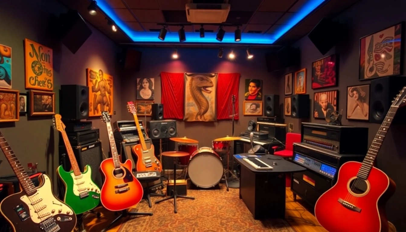 Engage with the 汽水音乐官网's vibrant musical space featuring colorful instruments and warm lighting.