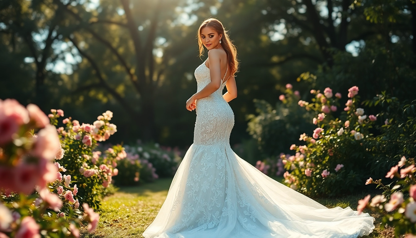 Bridal model in a stunning mermaid wedding dress showcasing elegance and style in a lush garden.