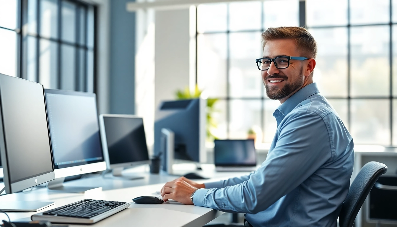 Offering expert computer services with a professional IT consultant in a modern workspace.