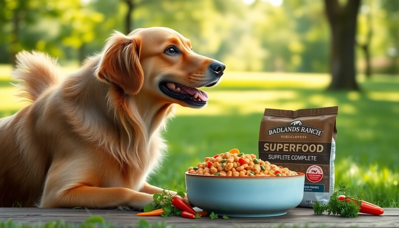 A happy Golden Retriever enjoying badlands ranch superfood complete in a natural setting, showcasing vibrant ingredients.