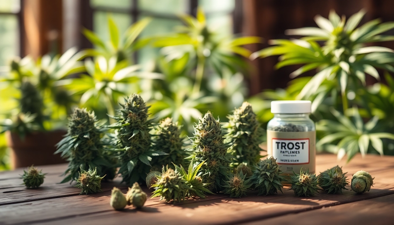 Trost cannabis strains presented beautifully on a wooden table with lush greenery.