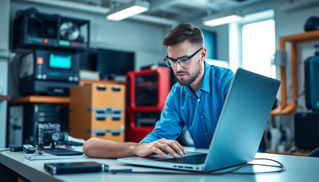 Technician providing expert computer services in a professional, modern workspace.