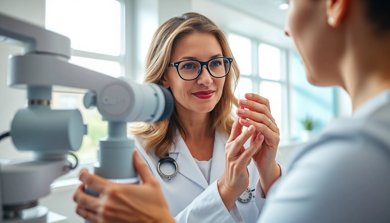 Doctor at Apollo Dermatology examining skin conditions with advanced tools in a bright clinic.