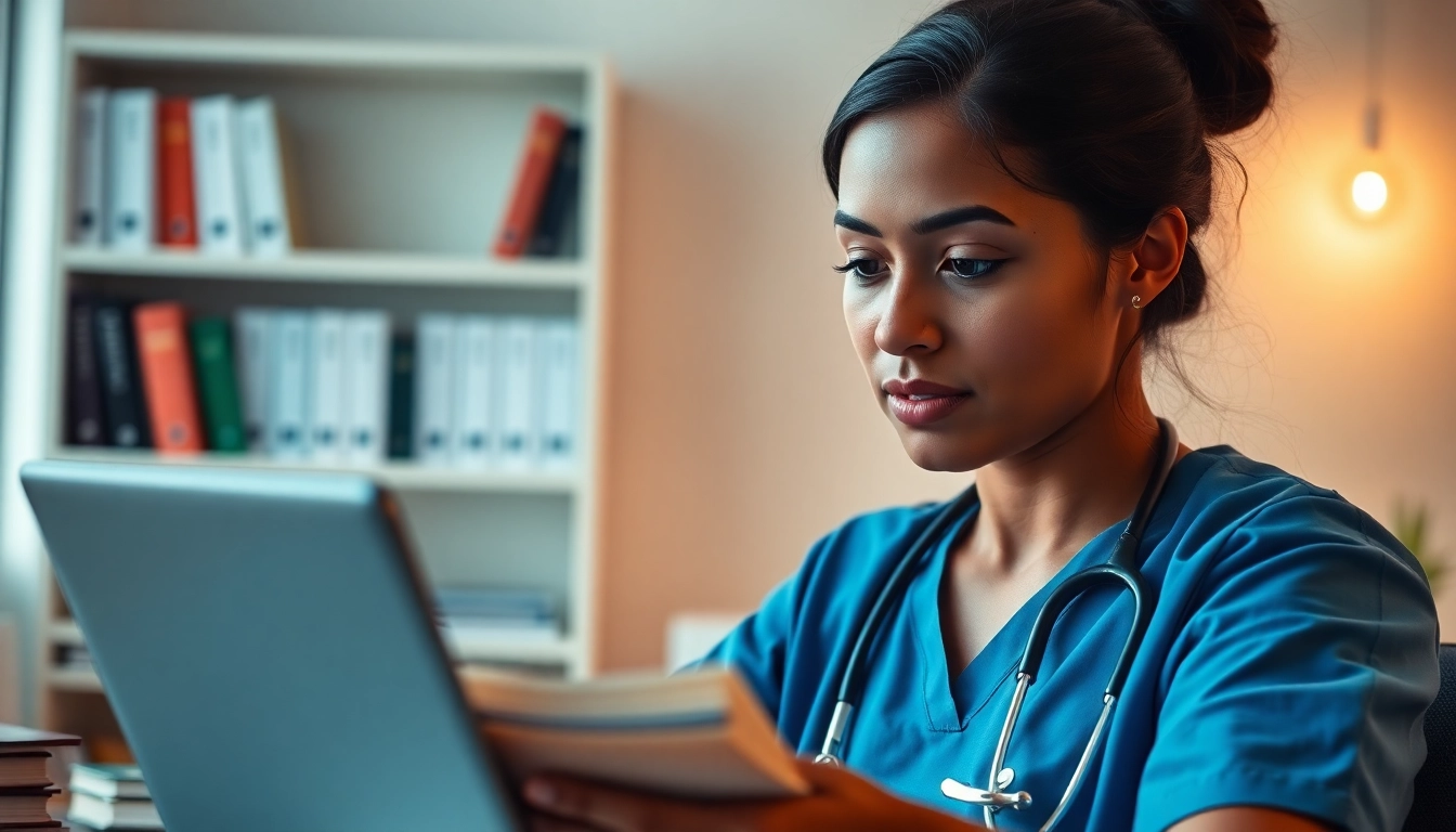 Nursing Continuing Education: Nurse engaged in online courses with textbooks in a modern office.