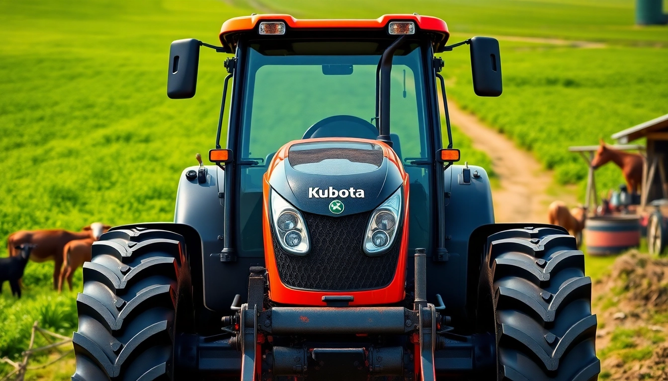 Kuboata-Traktor auf einem lebendigen Bauernhof mit grünen Feldern im Hintergrund
