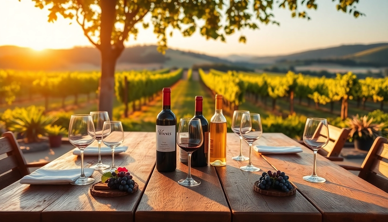 Enjoying a winery membership with beautiful wine bottles and glasses in an elegant vineyard setting.