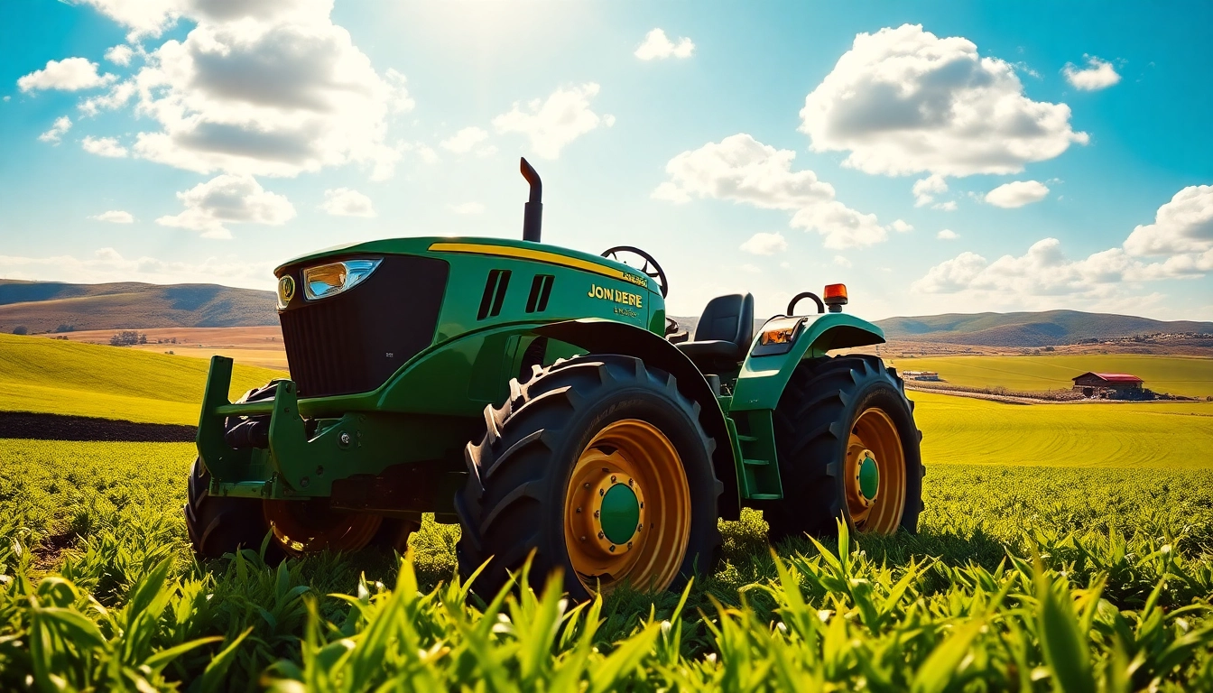 John Deere Traktor in einem grünen Feld, erschaffen ein Gefühl von landwirtschaftlichem Fortschritt.
