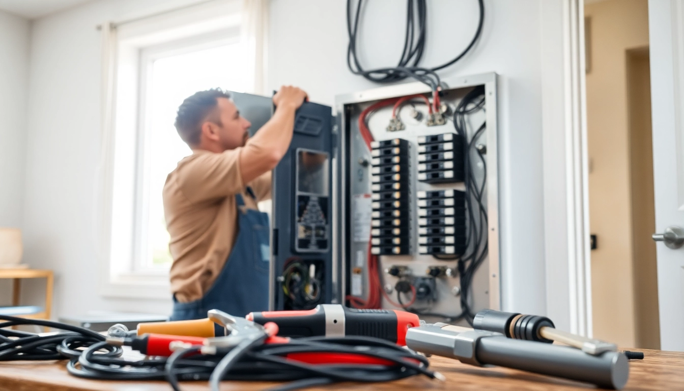 Electrician installing an Electrical Panel with tools in a well-lit room.