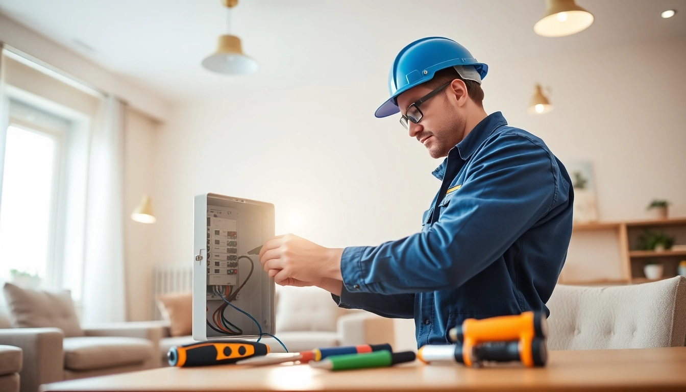 Electrician performing electrical service installation in a residential setting.