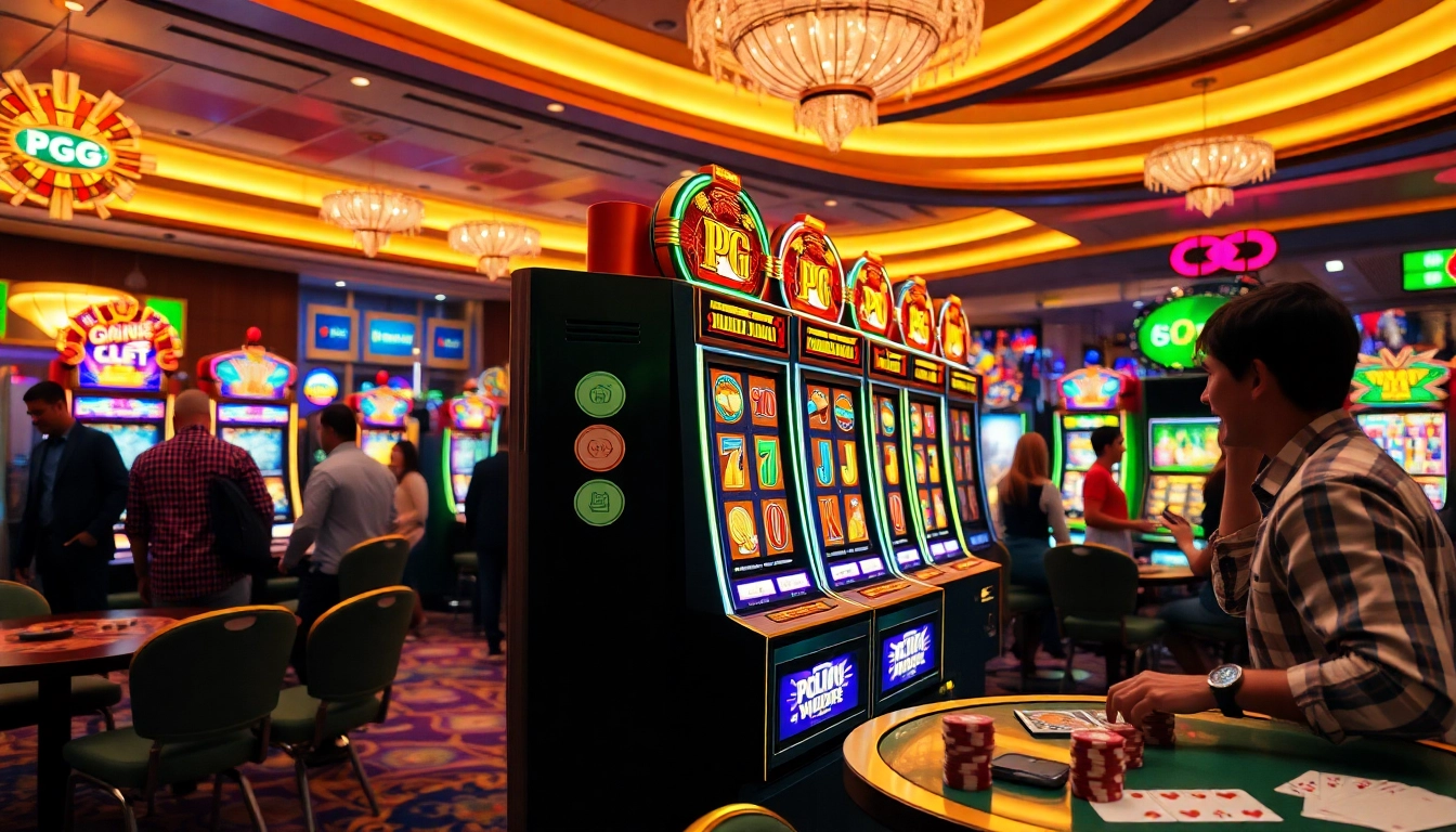 Play exciting pgslot games at a vibrant casino featuring a dynamic slot machine atmosphere.