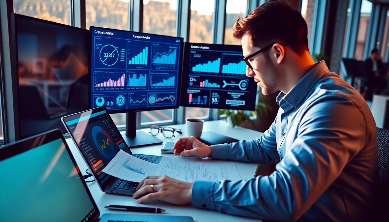 Engaging AI for competitor analysis tools in action, depicting a professional using advanced data analytics.
