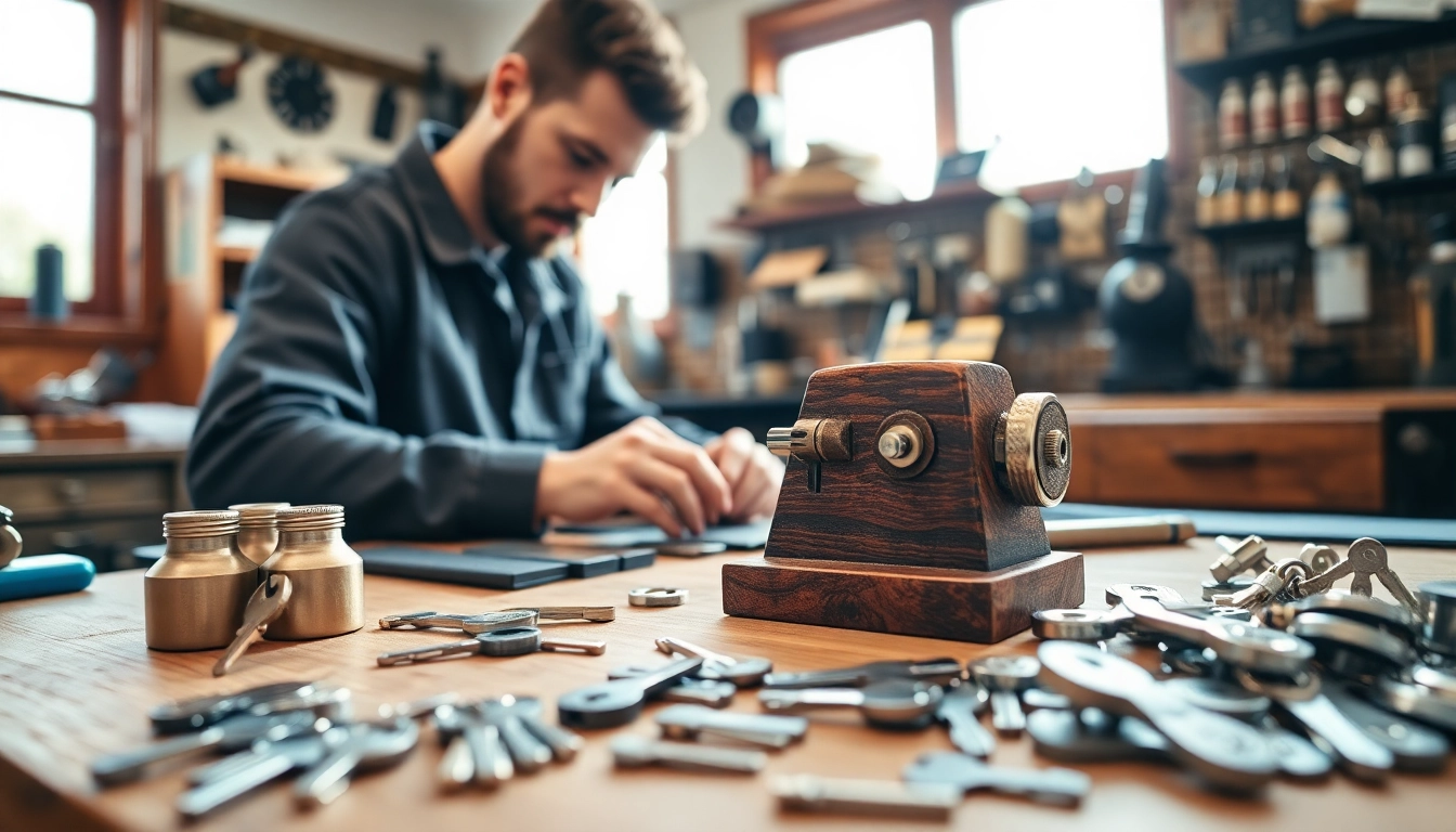 Craftsman creating Van Keys in a well-lit workshop with professional tools.