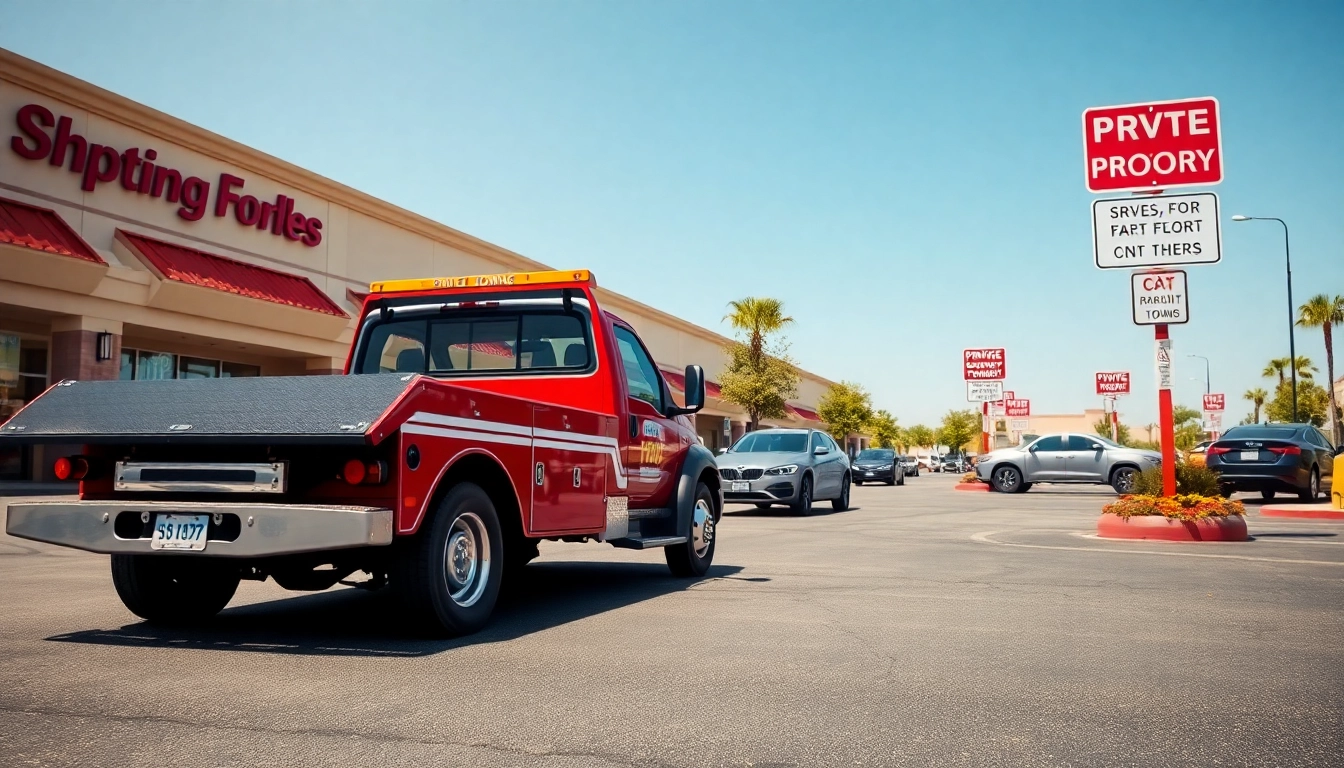 Private Property Towing vehicle actively towing a car from a private parking area.