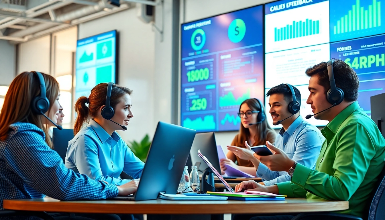 Illustration of a call center solutions team collaborating effectively in a bright, modern office.