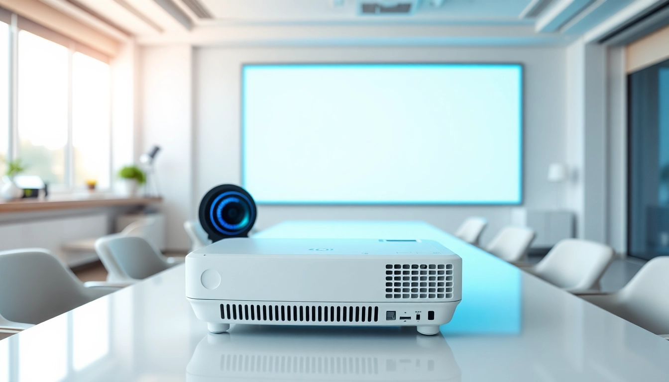 Showcasing a professional projector in use within a modern conference room.