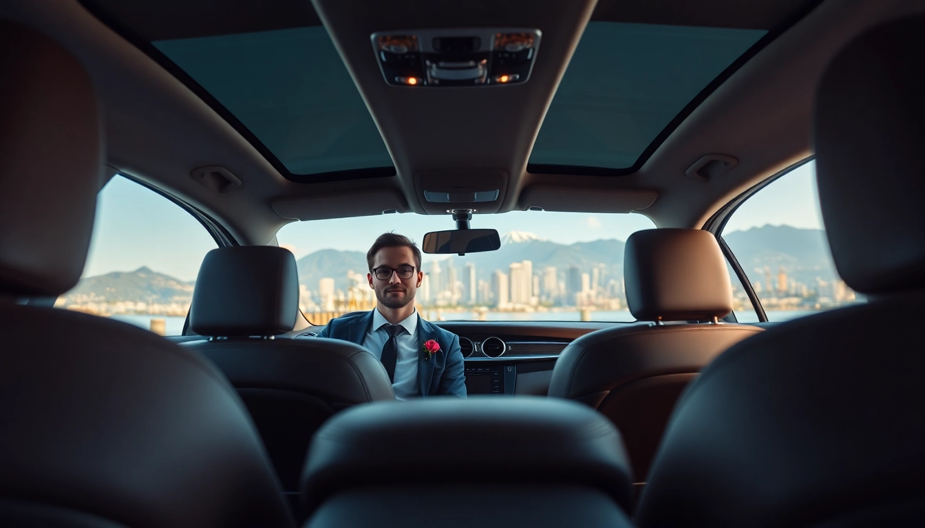 Experience premium Vancouver car service with a professional chauffeur in a luxury vehicle against iconic city landmarks.