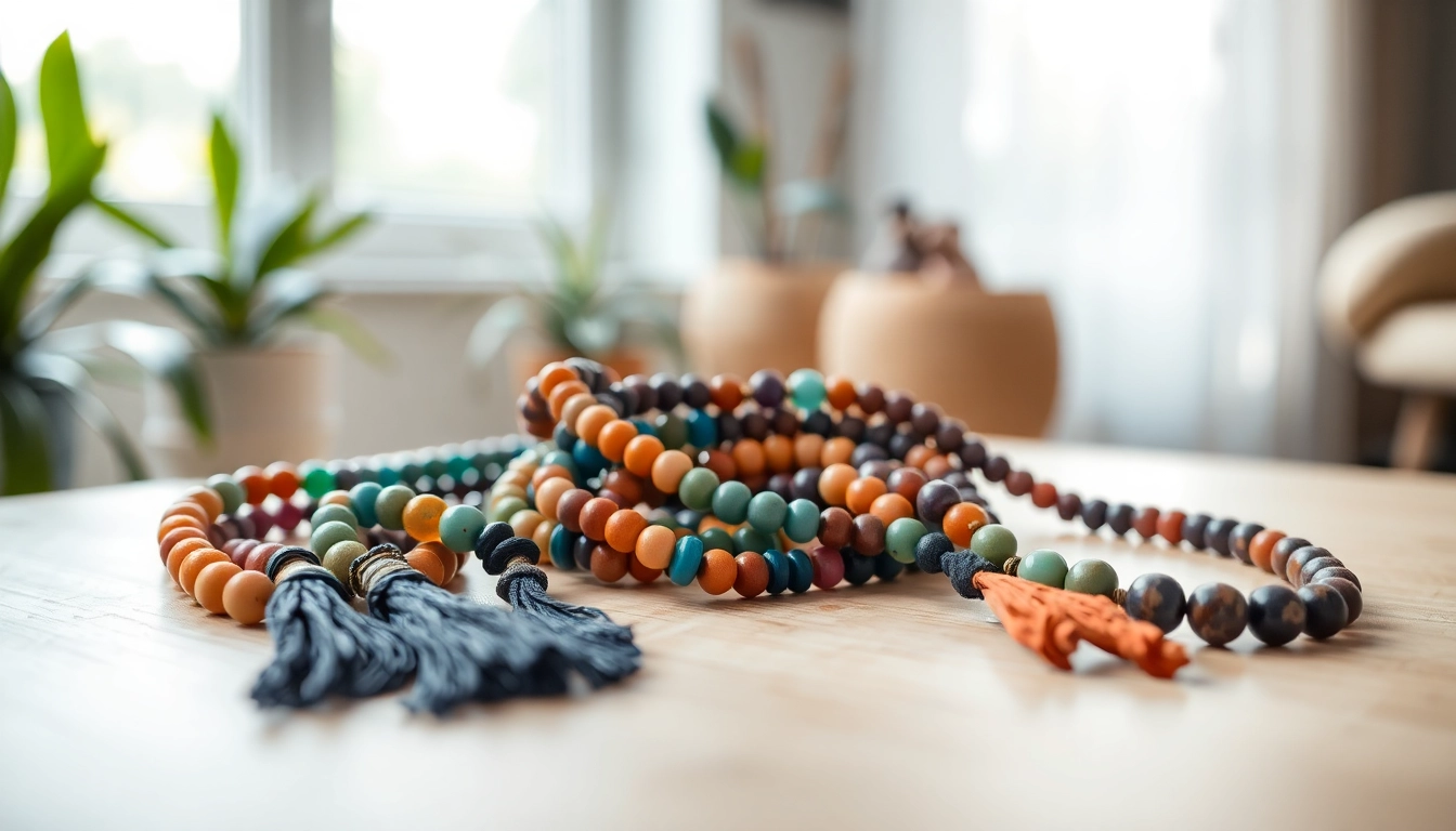 Crafted malas arranged on a wooden table, showcasing vibrant gemstones and natural materials.