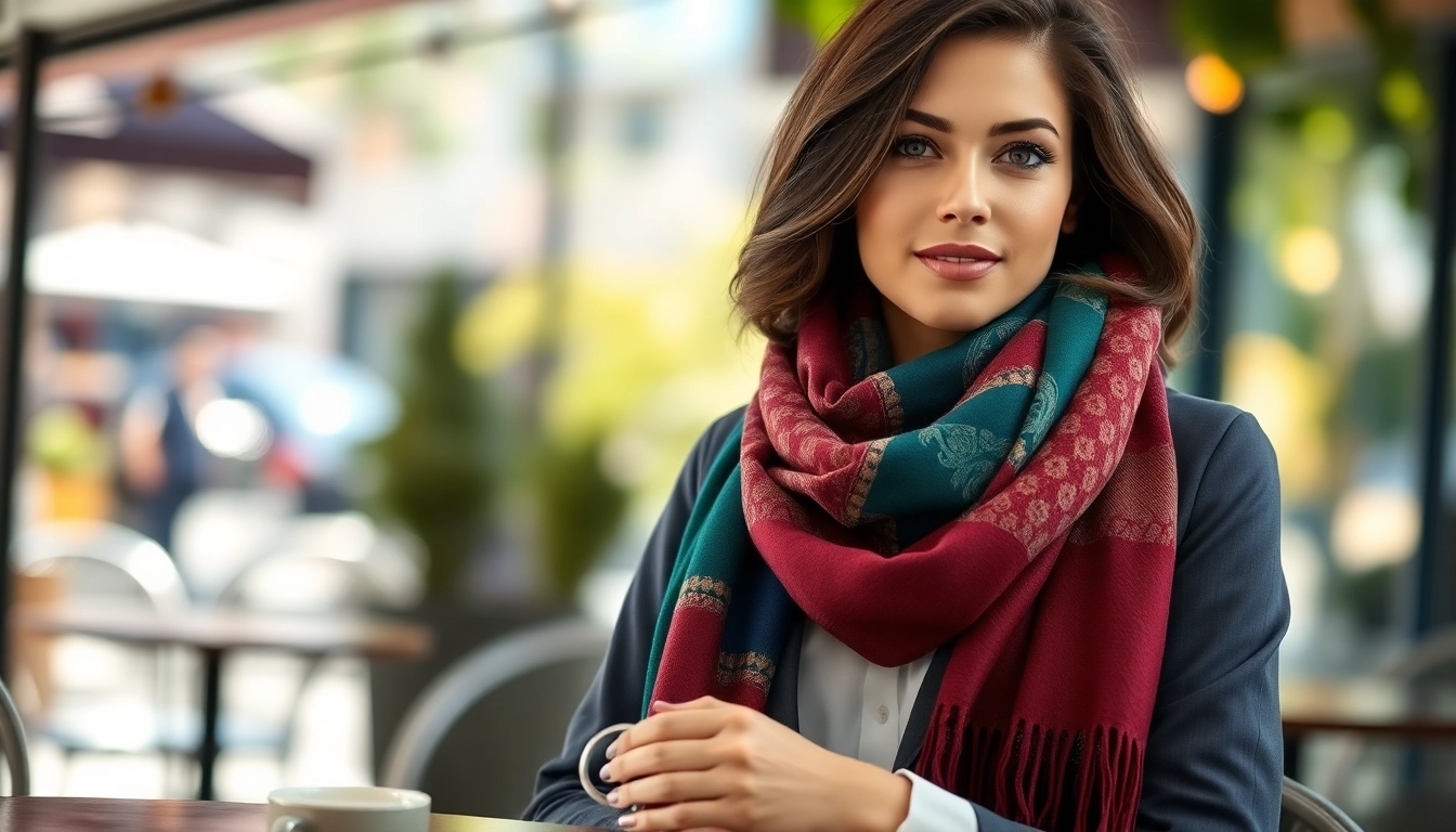 Stylish women wearing vibrant scarves for women at an outdoor café, showcasing elegant patterns.