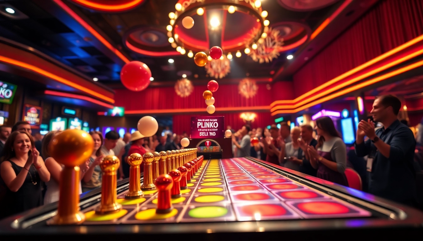 Permainan situs plinko yang menarik dengan pengunjung bersorak di kasino.