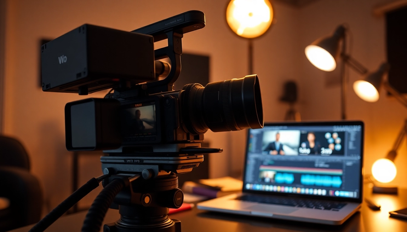 영상제작 setup featuring a professional camera and editing tools in a warm-lit studio environment.