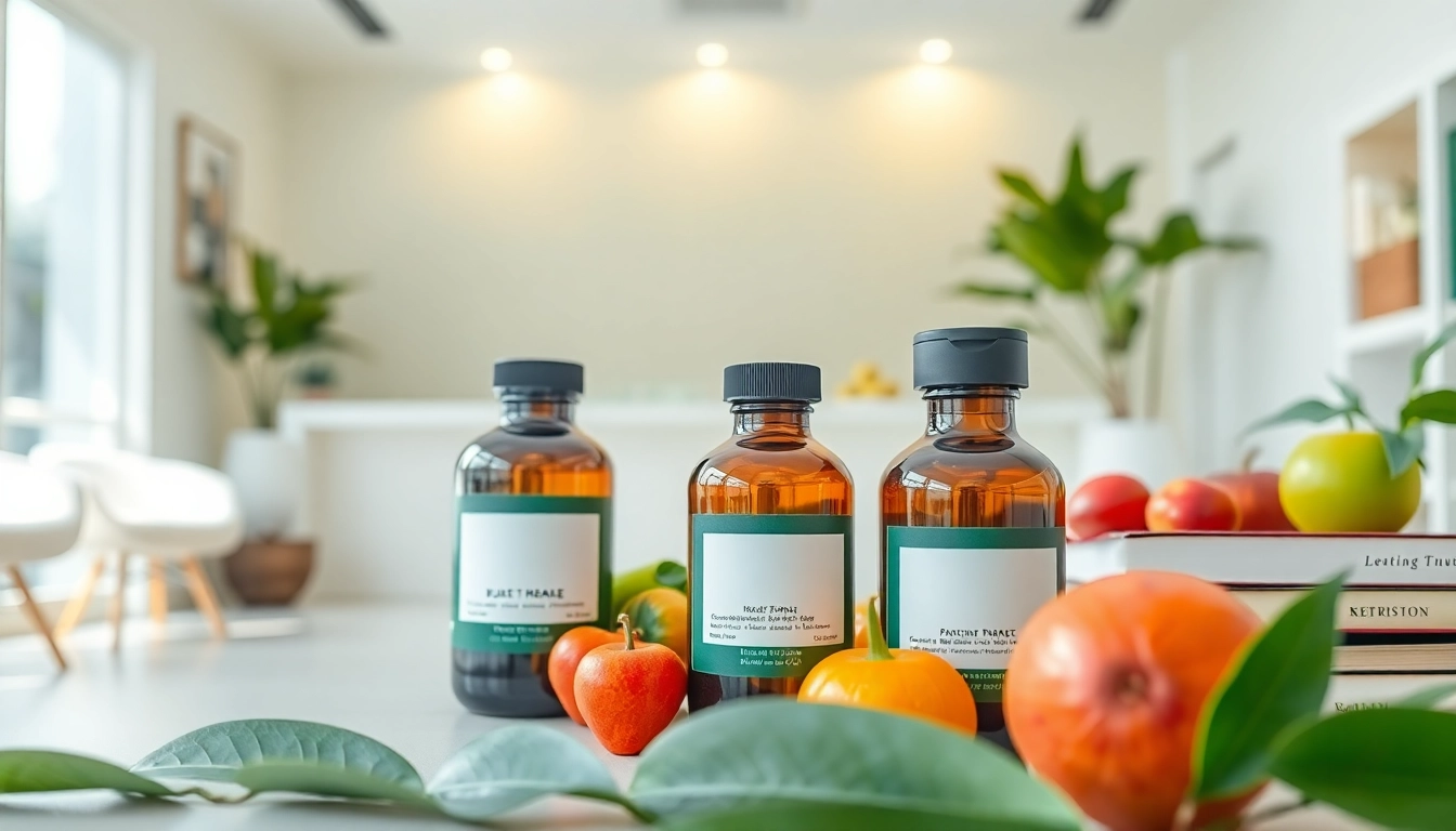 Showcase of wellness products from https://newimage.world/ in a bright, inviting health clinic setting.