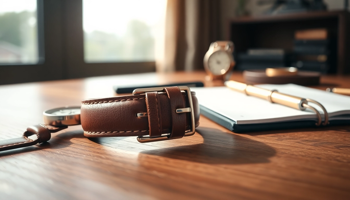 Admire the elegant watch band with intricate textures displayed on a wooden desk.
