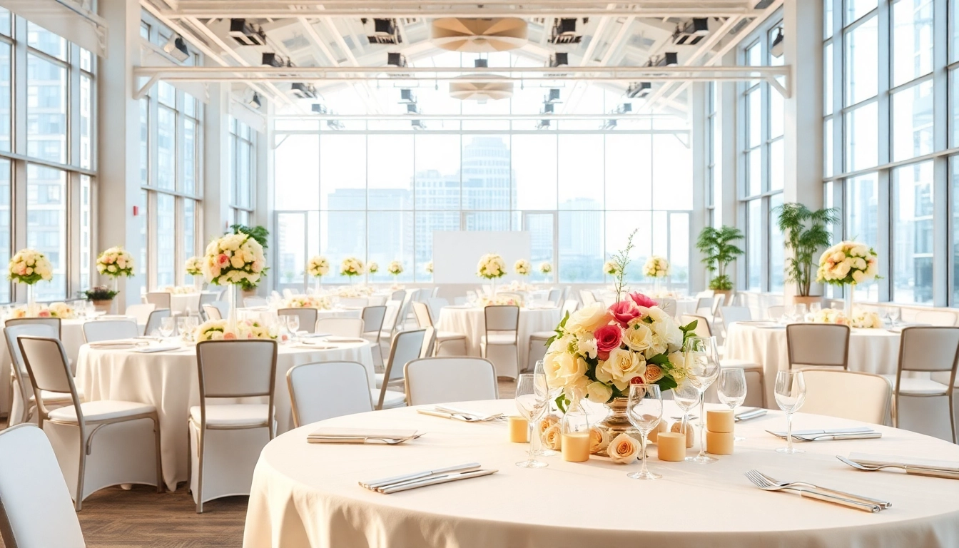 Set tables inside a city venue event center ready for a beautiful gathering.