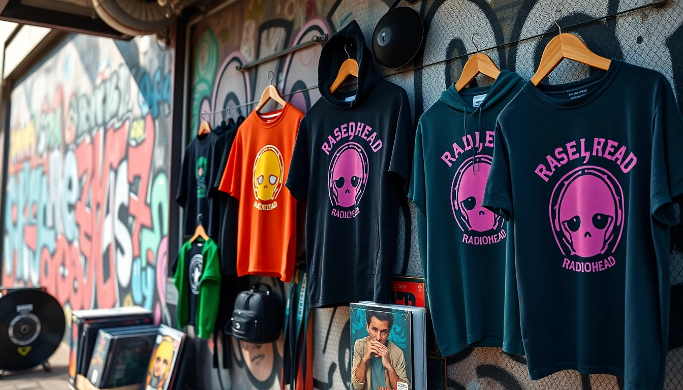 Showcase of unique radiohead merch including t-shirts, hoodies, and vinyl in an urban setting.
