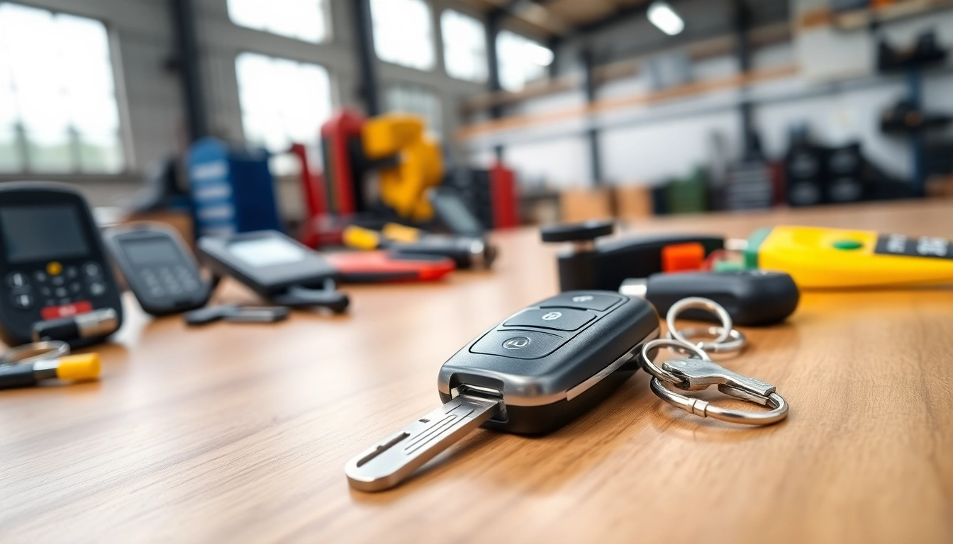 Showcasing van keys on a wooden table, highlighting key fobs and programming tools.