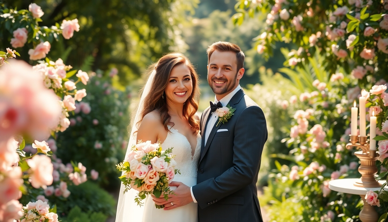 Tallahassee Photographer beautifully capturing a wedding couple surrounded by lush garden blooms.
