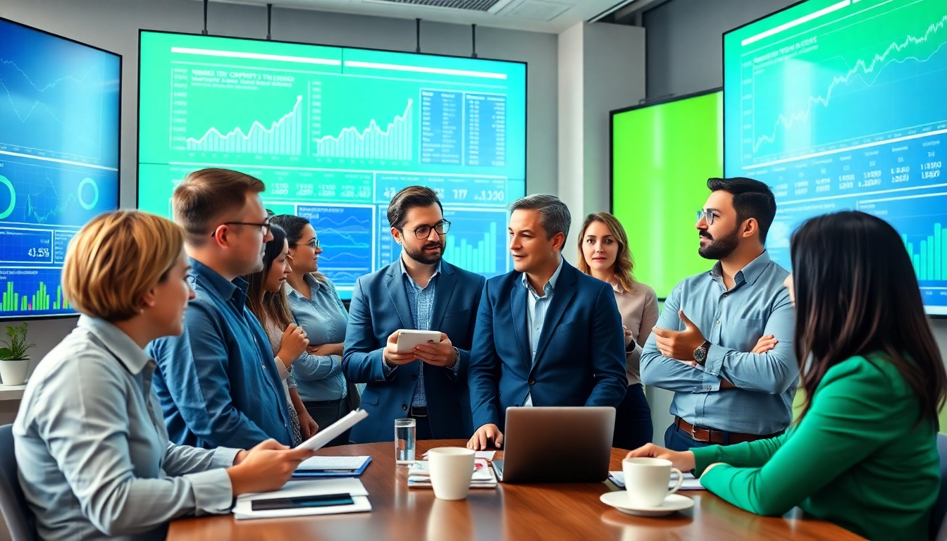Engaged team analyzing competitive intelligence data in a modern office environment.