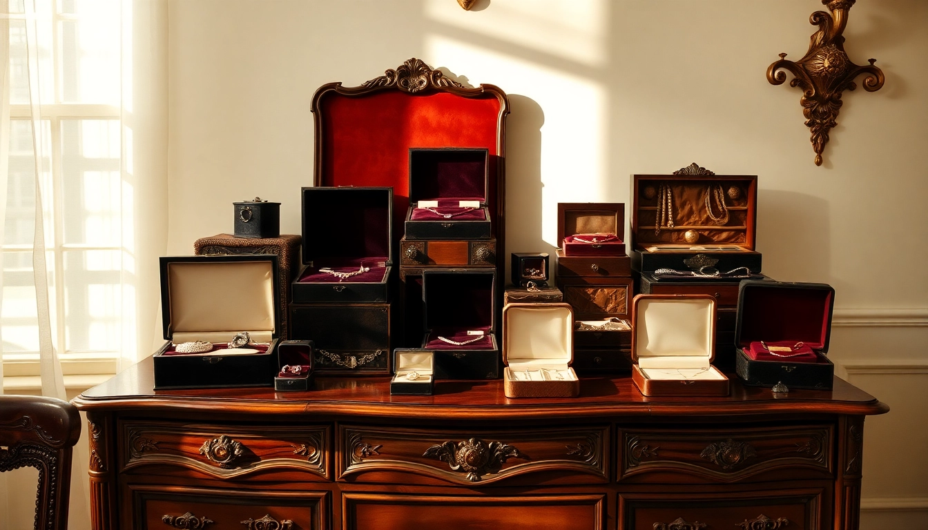 Showcase of beautifully designed jewelry boxes on a vintage dresser, highlighting elegant textures.
