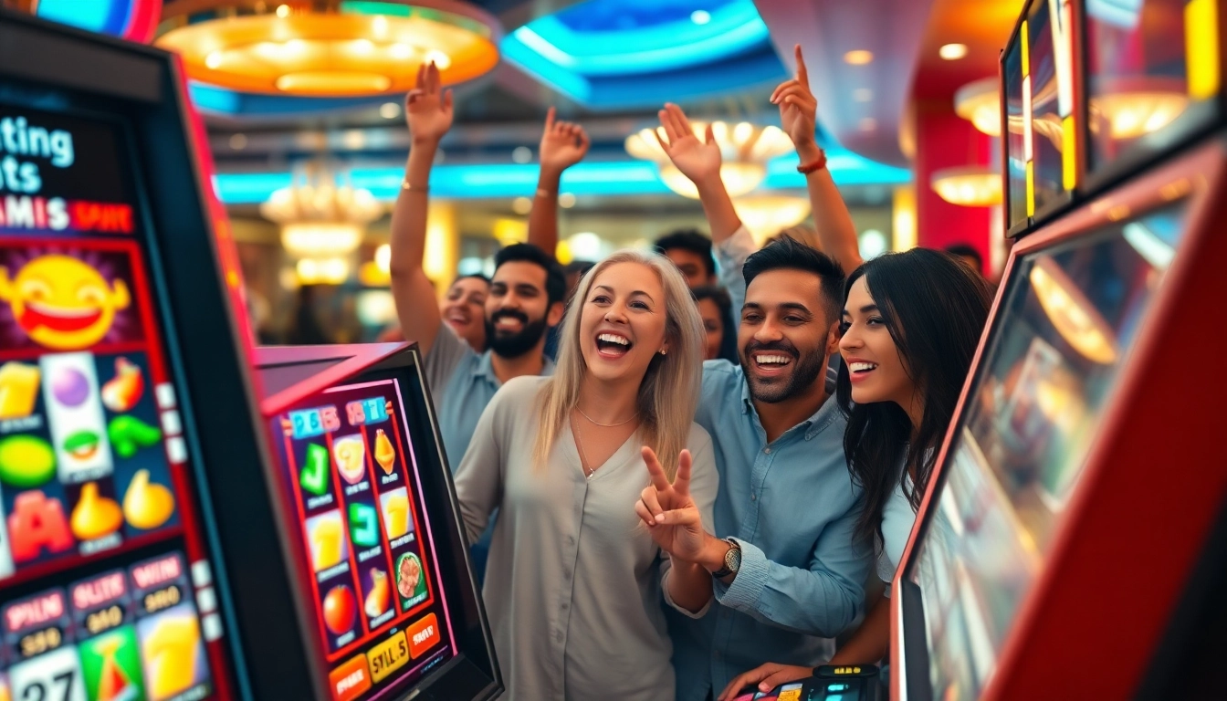 Rupiah126 login slot menampilkan mesin slot berwarna-warni dan pemain yang merayakan kemenangan.