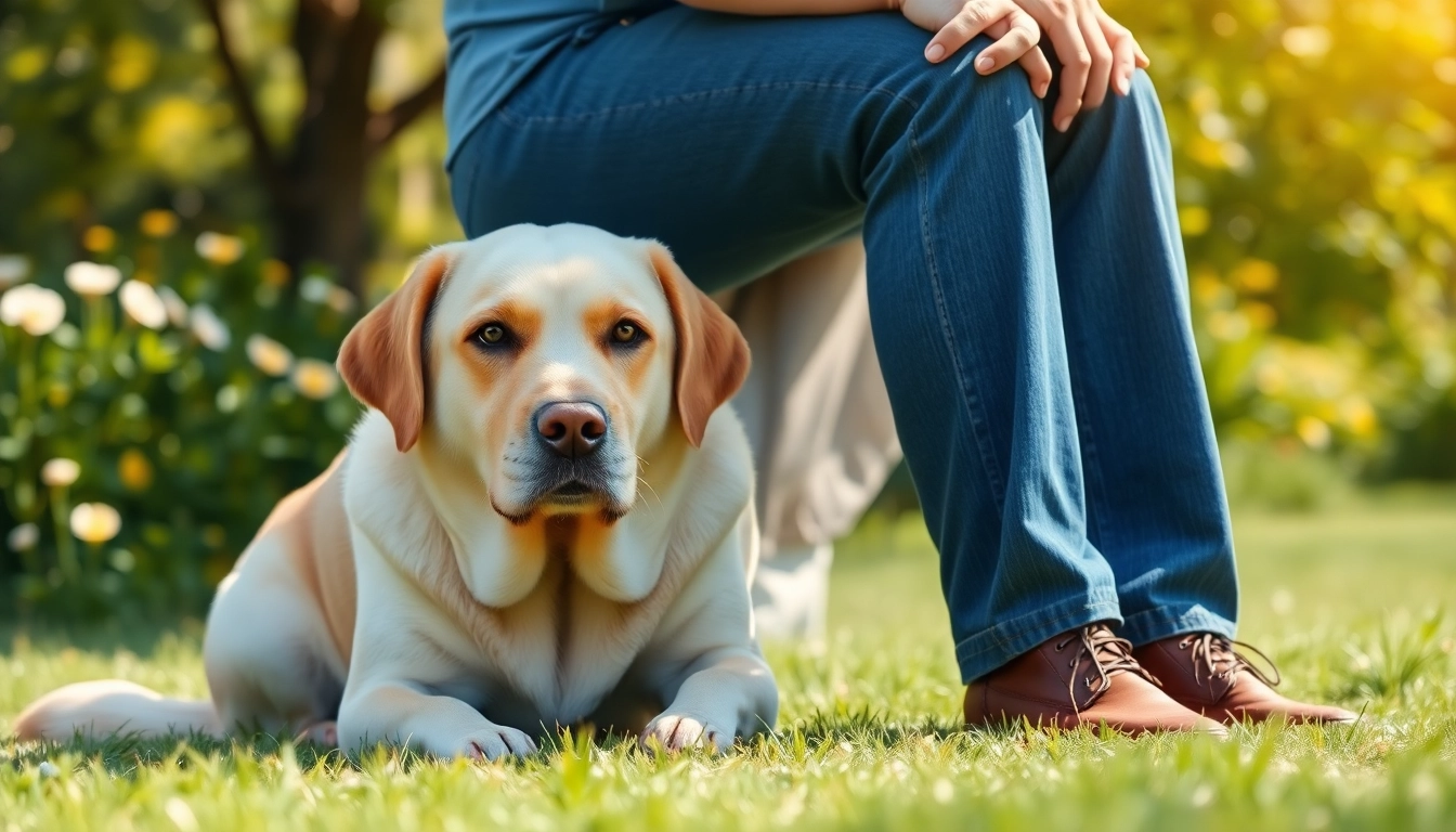 PTSD dog providing comfort by sitting next to its owner in a sunny park.