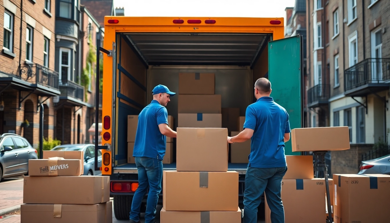Efficient removal companies east London loading boxes with diverse movers in an urban neighborhood.
