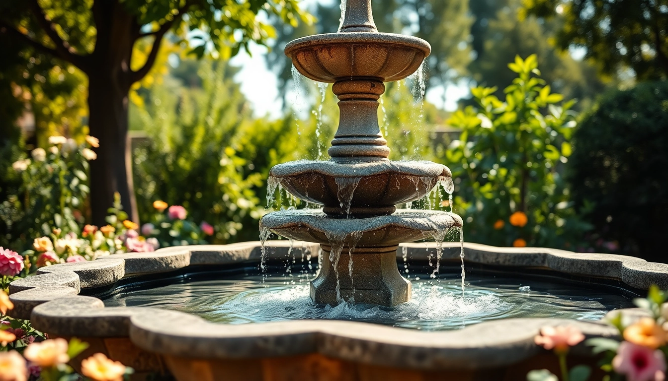 Gartenbrunnen aus Naturstein mit fließendem Wasser in einem einladenden Garten.