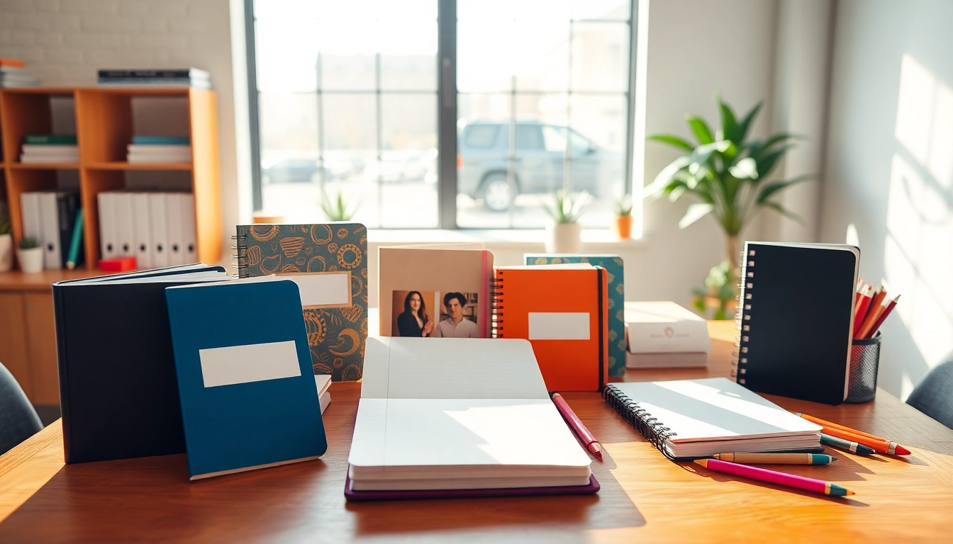 Browse custom notebooks featuring unique designs and vibrant colors on an office desk.