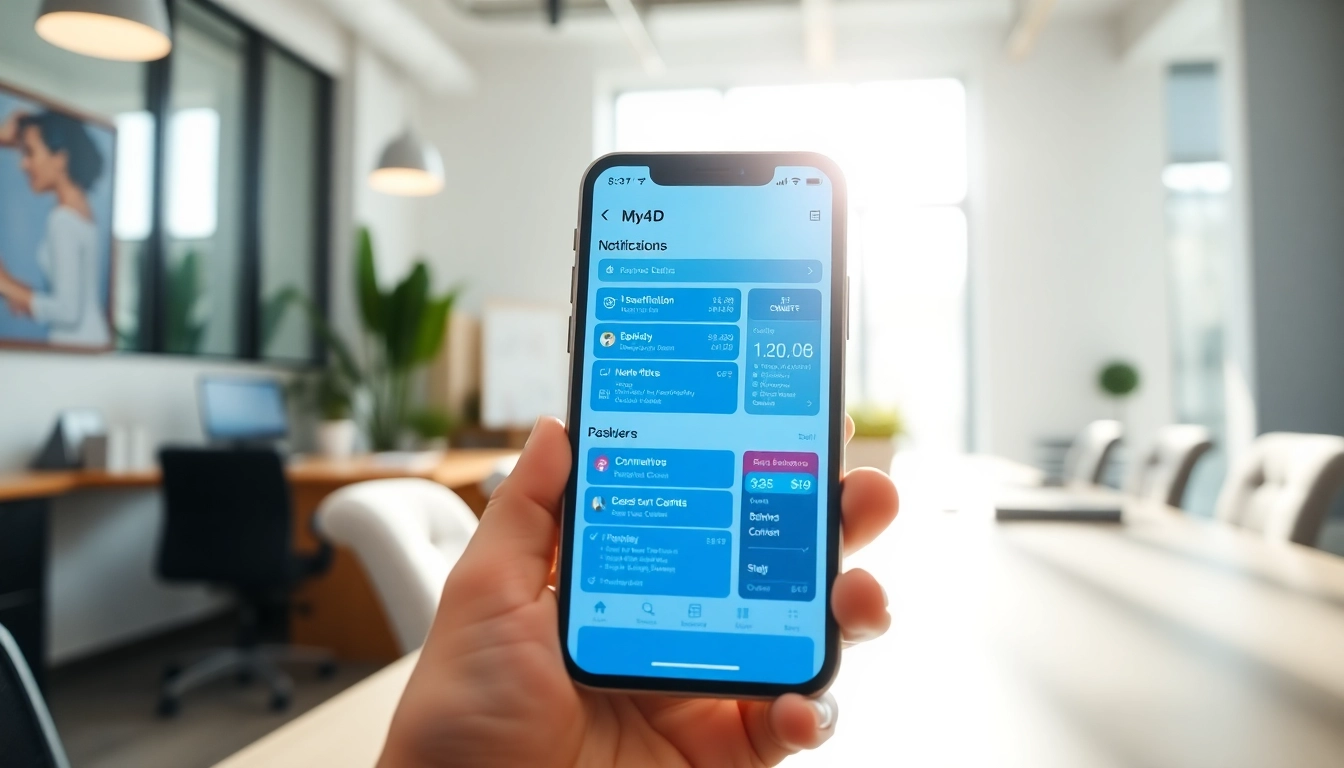 Engaging My4D app interface displayed on a smartphone in a modern office setting.